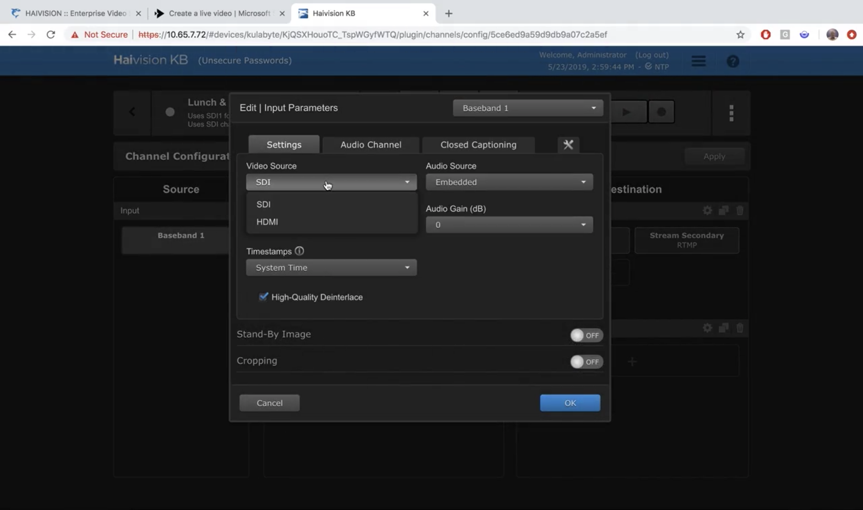 Input parameters for the KB video encoder