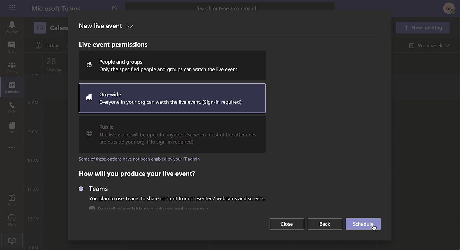 Setting up live event permissions in Microsoft Teams