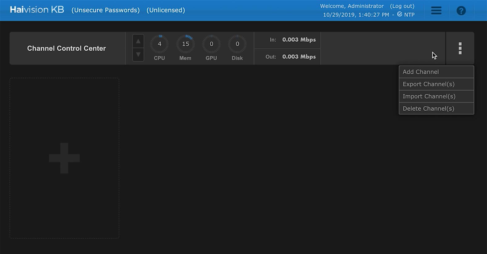 Channel Control Center in Haivision KB video encoder