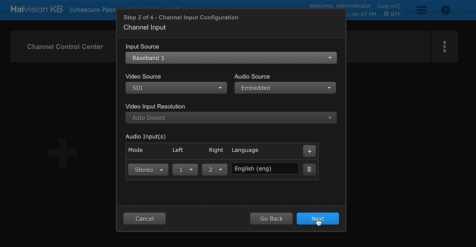 Selecting channel input for your new channel in the Haivision KB video encoder