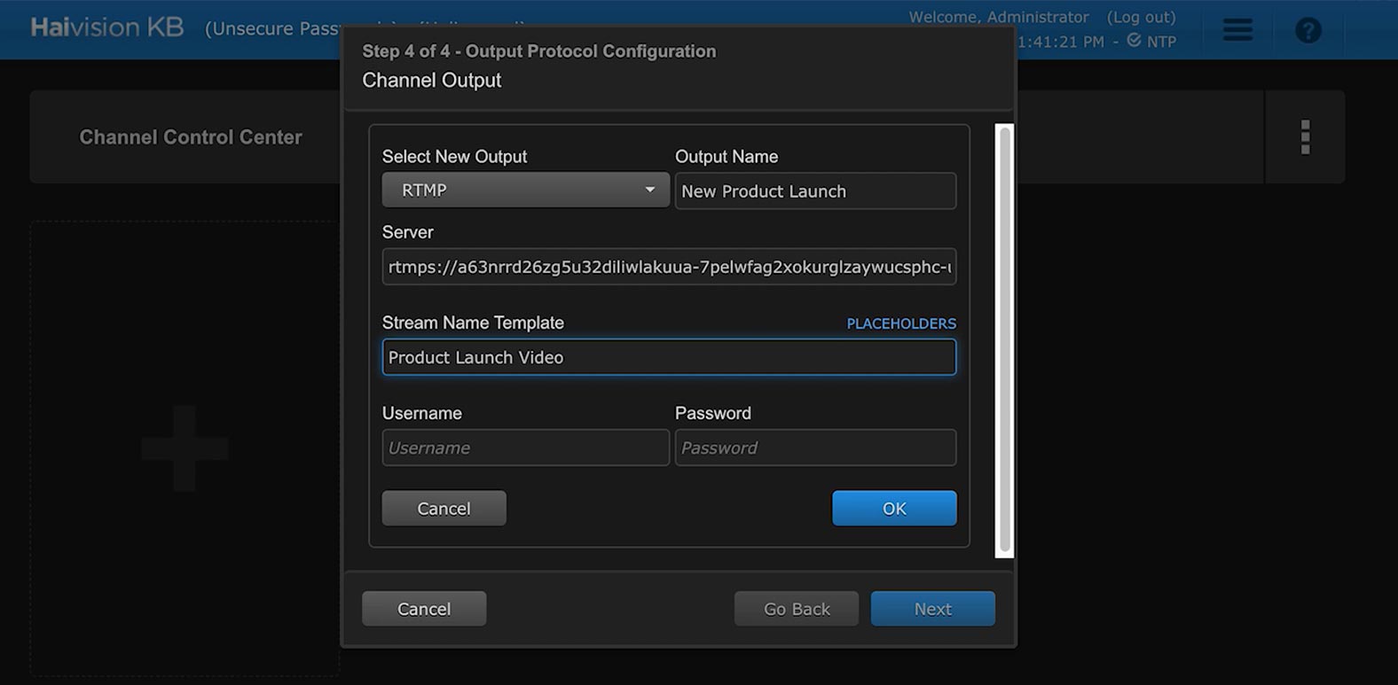 Setting up channel output in Haivision KB video encoder