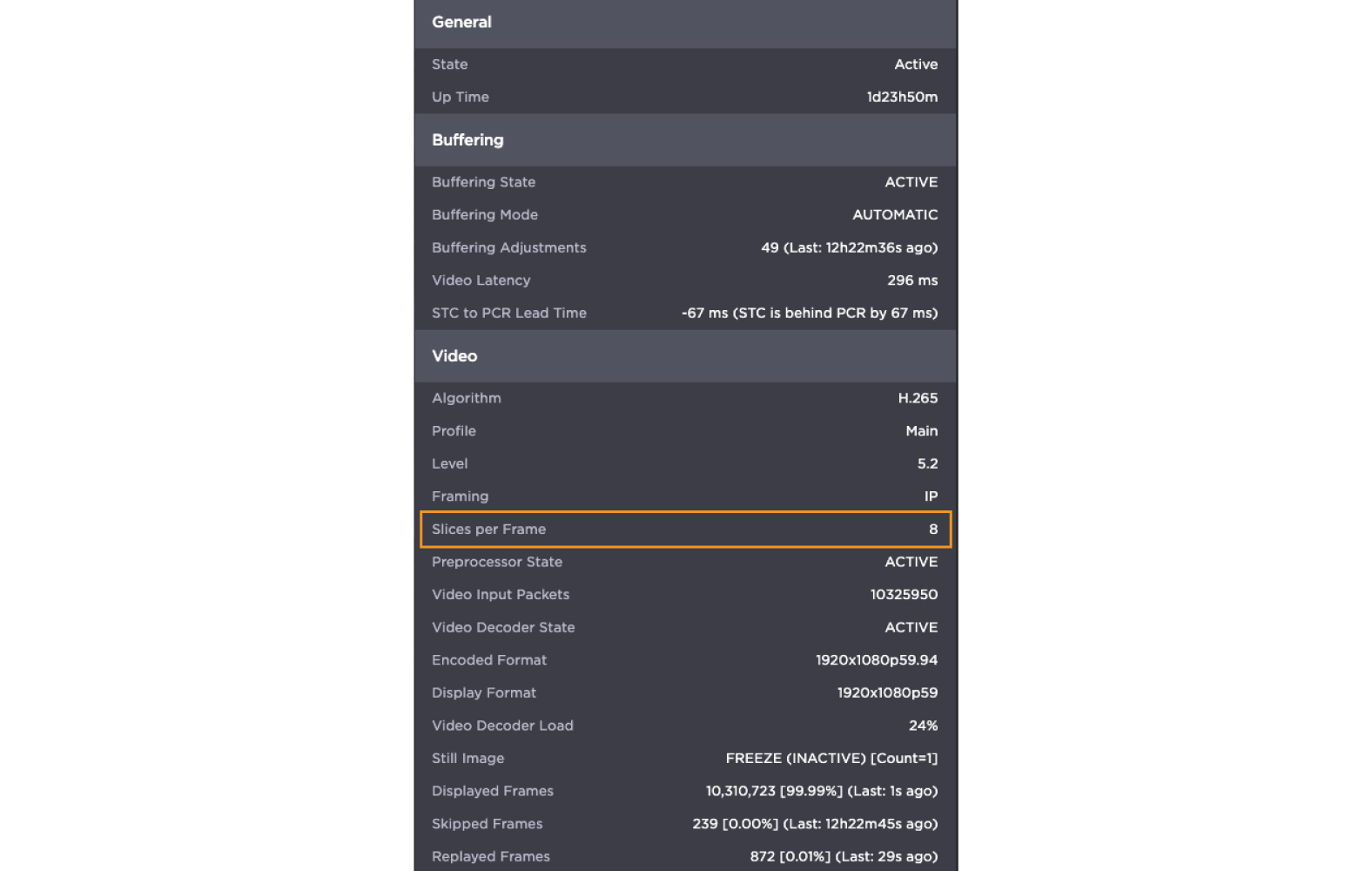 Slice-based decoding parameters shown in the Makito X4 decoder’s statistics view