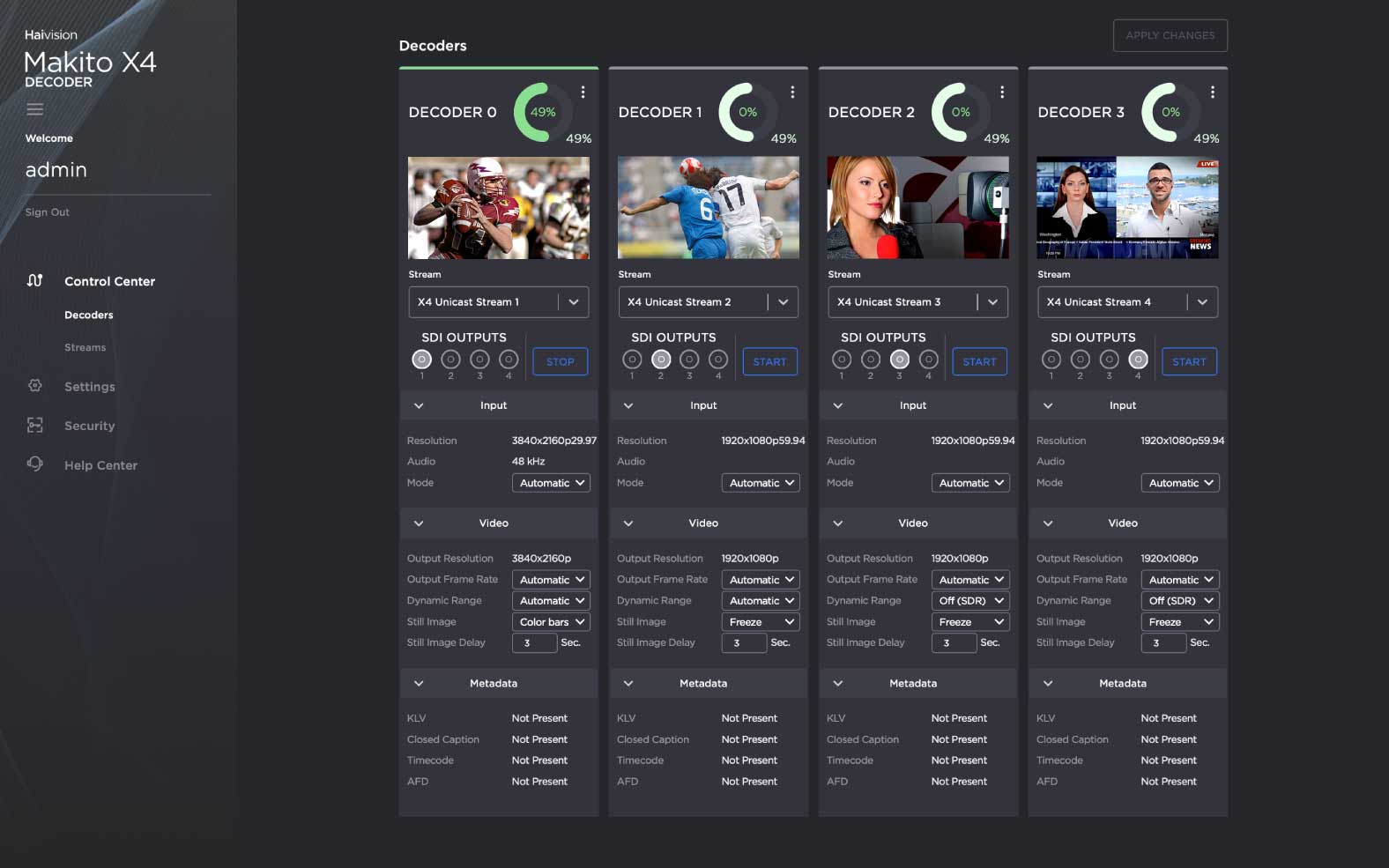 Video thumbnails shown in the Makito X4 Decoder control center